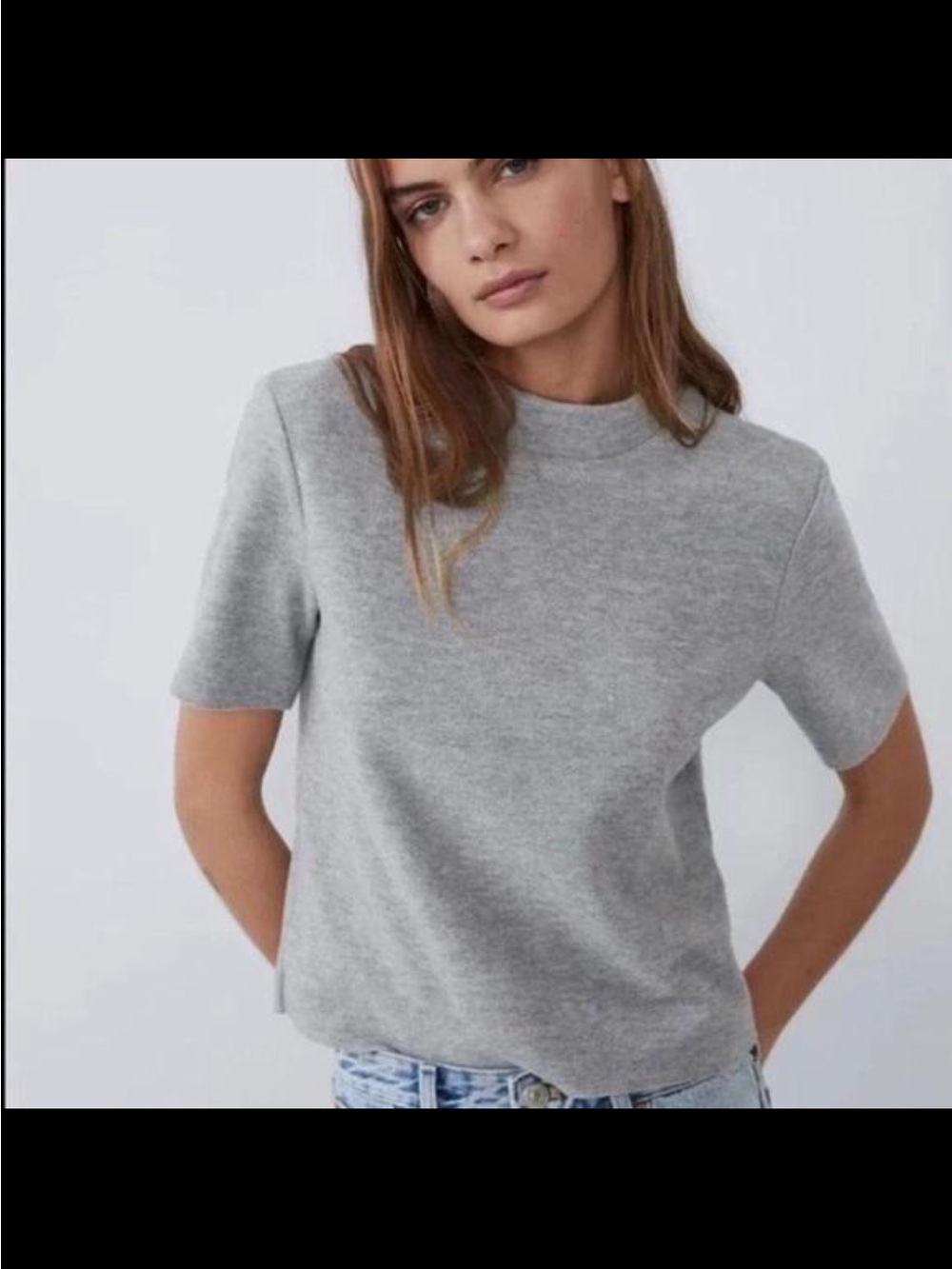 Zara Trafaluc Gray Ribbed Mock Neck Short Sleeve Top S